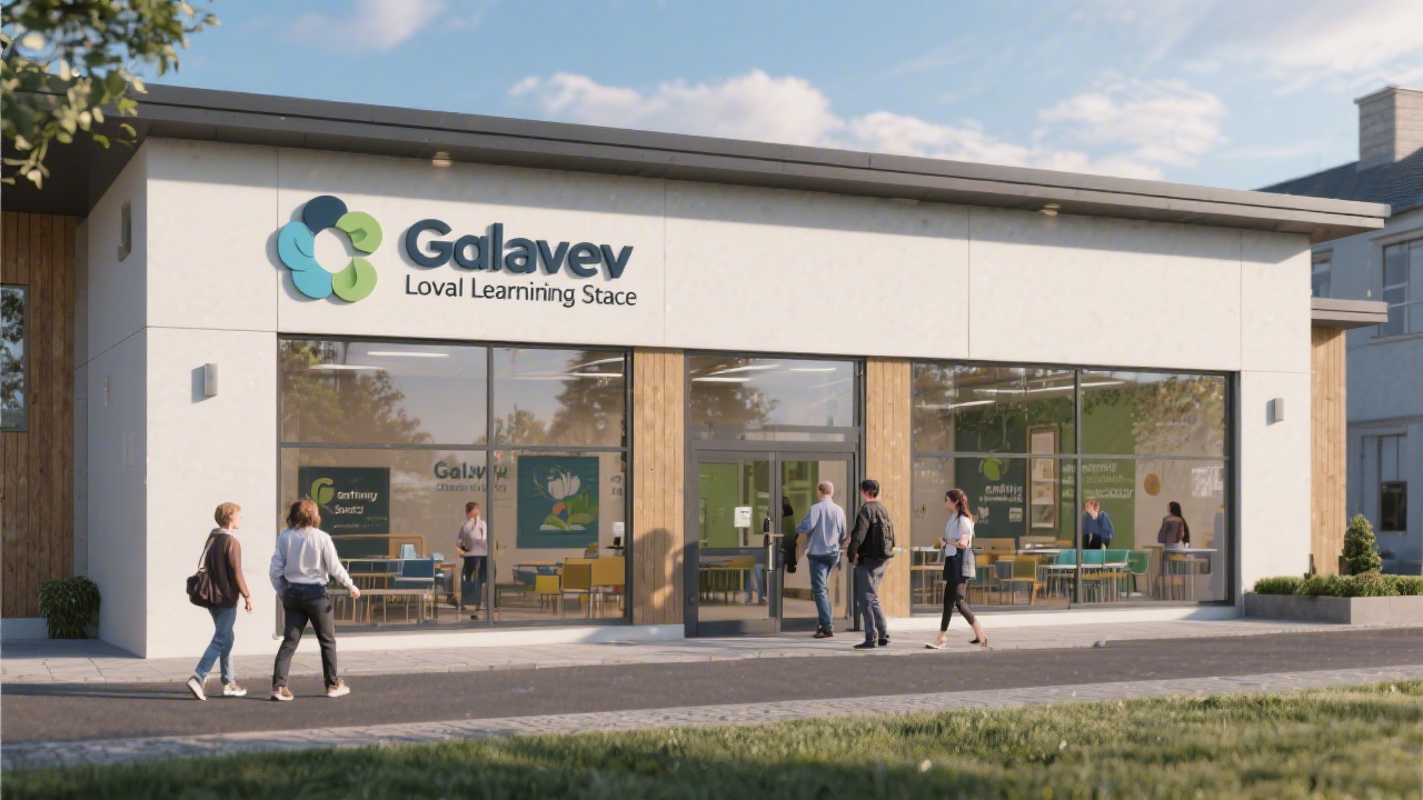 Exterior view of a Galway learning space with large windows, signage, and people entering, representing a welcoming local academy environment.