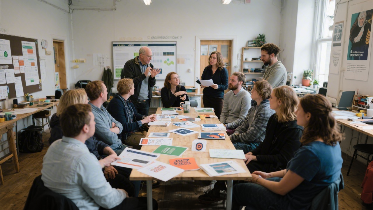 Community gathering in a Galway workshop space with participants discussing website layouts and printed brand materials on a central table.