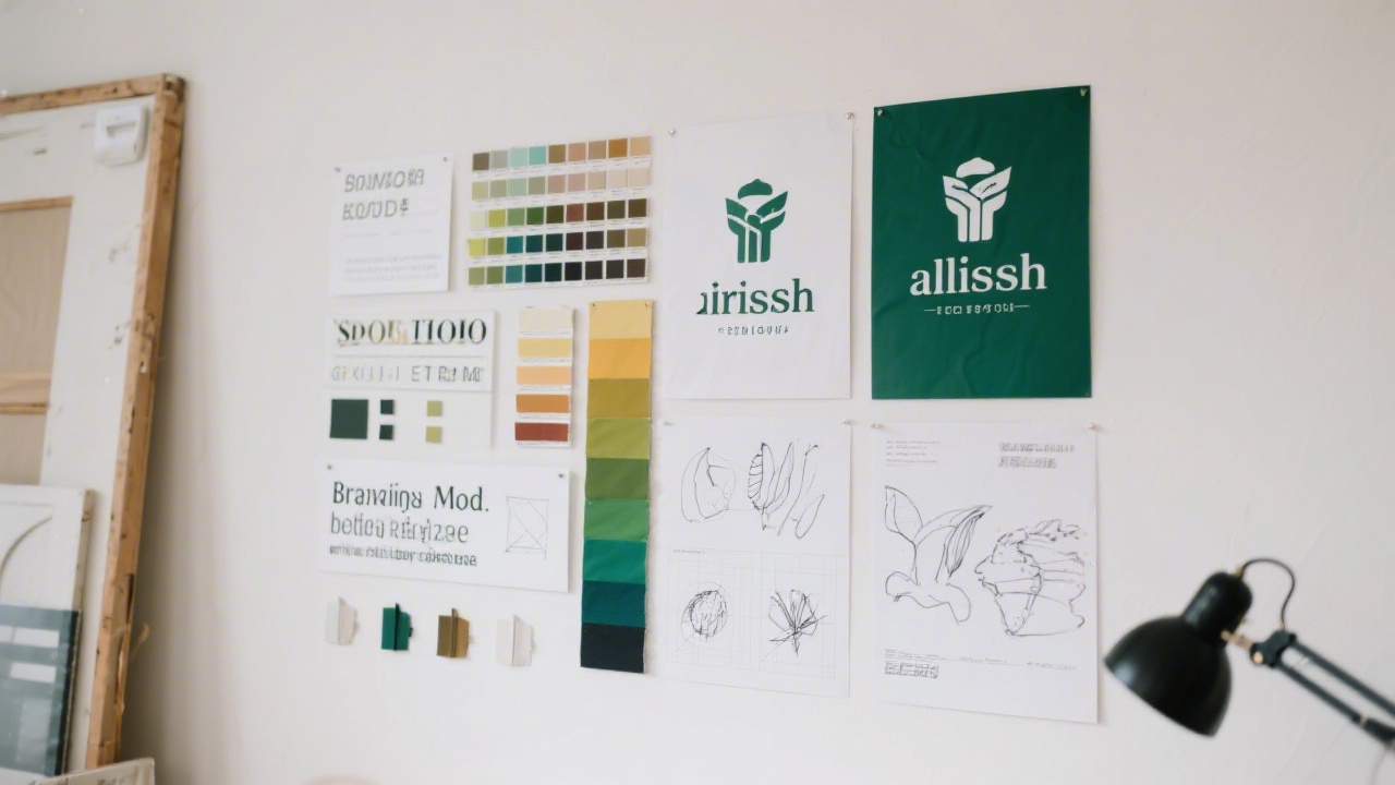 Branding mood boards with color swatches, typography samples, and logo sketches for a small Irish business, displayed on a studio wall.