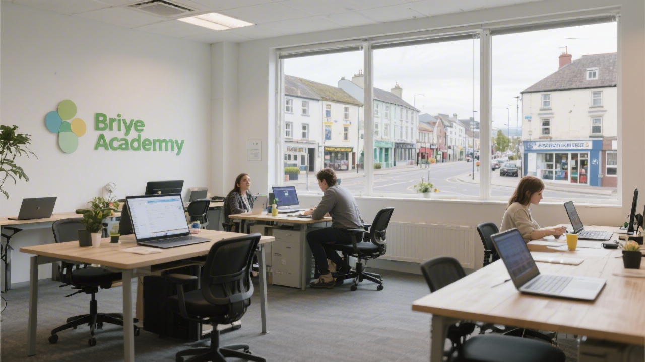 Bright academy studio with desks, laptops, and a view of Galway streetscape, showing a learning environment focused on practical web design and collaboration for local businesses.
