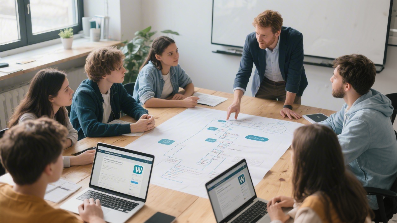 Group of learners collaborating around a large table with printed sitemaps, laptops open to WordPress pages, and a mentor guiding project decisions.