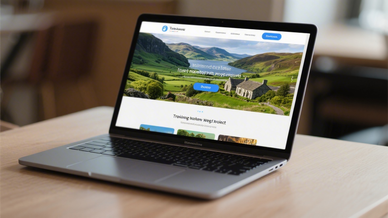 Laptop displaying a tourism website with scenic Irish imagery, booking buttons, and clear navigation, representing training focused on travel and hospitality web projects.